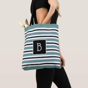 Bolsa Tote Monograma da Moda em Azul Verde, Listras de Preto