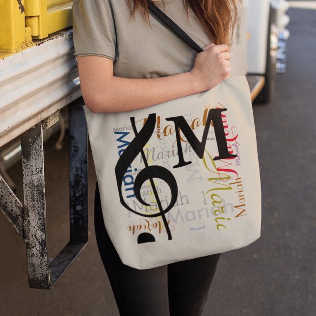 Bolsa Tote Monograma da nota musical clef de árvore com nomes (take music wherever you go)