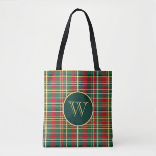 Bolsa Tote Monograma da Xadrez de Natal Vermelha e Verde