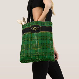 Bolsa Tote Monograma da Xadrez Dourada de Natal Verde Tartan
