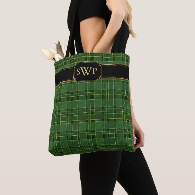 Bolsa Tote Monograma da Xadrez Dourada de Natal Verde Tartan (Close Up)