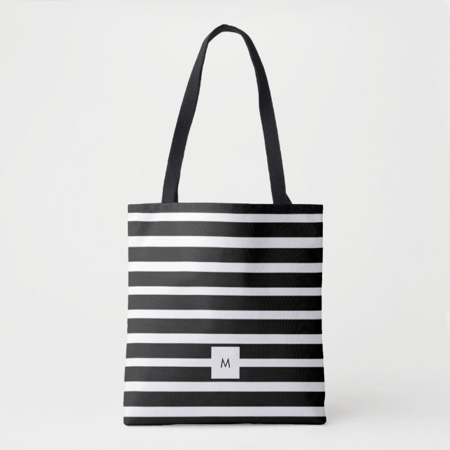 Bolsa Tote Monograma das faixas horizontais, preto e branco (Frente)