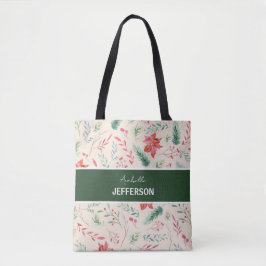 Bolsa Tote Monograma das Flores Verdes Vermelhos do Natal