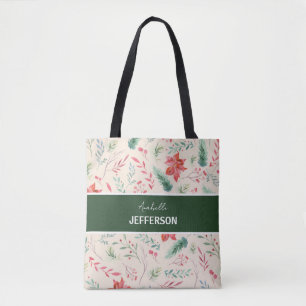 Bolsa Tote Monograma das Flores Verdes Vermelhos do Natal