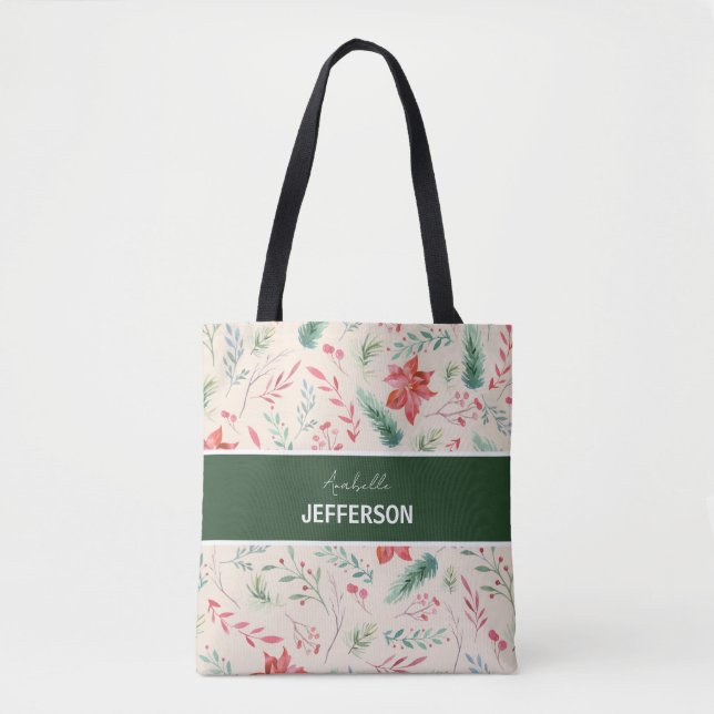 Bolsa Tote Monograma das Flores Verdes Vermelhos do Natal (Frente)