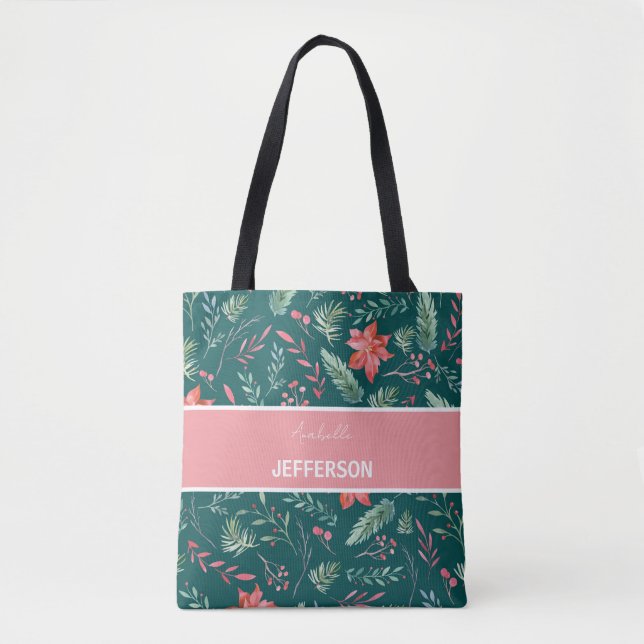 Bolsa Tote Monograma das Flores Vermelhas Escuras do Natal (Frente)