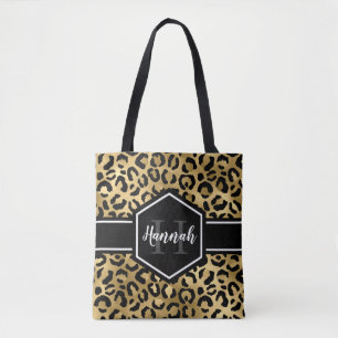 Bolsa Tote Monograma das Manchas Leopardo Pretas Douradas