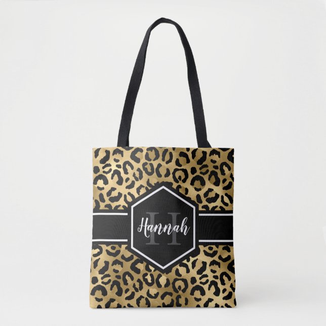 Bolsa Tote Monograma das Manchas Leopardo Pretas Douradas (Frente)