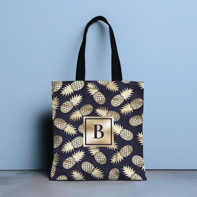 Bolsa Tote Monograma de abacaxi tropical Marinho Dourado (Criador carregado)