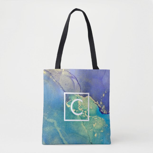 Bolsa Tote Monograma de Abstrato azul-roxo e Dourado (Frente)