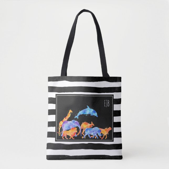 Bolsa Tote Monograma de Aquarelas Coloridas de Animais Selvag (Frente)