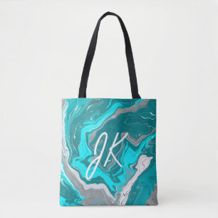 Bolsa Tote Monograma de Arte Fluida Azul, Teal e Turquesa