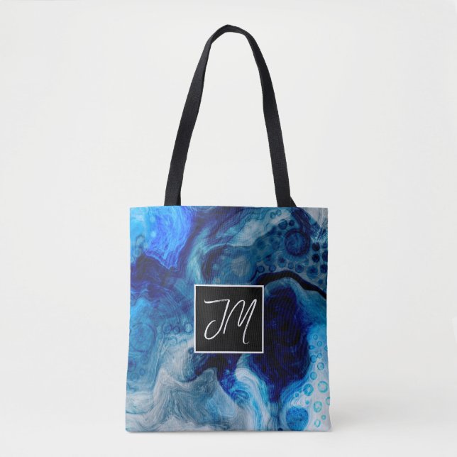 Bolsa Tote Monograma de Arte Fluida de Azul e Marinho Branco (Frente)