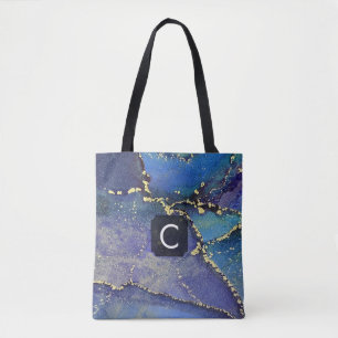 Bolsa Tote Monograma de Arte Líquida Roxa Azul Turquesa e Dou
