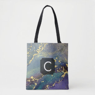 Bolsa Tote Monograma de Arte Líquida Roxo, Teal e Dourado
