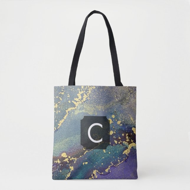 Bolsa Tote Monograma de Arte Líquida Roxo, Teal e Dourado (Frente)