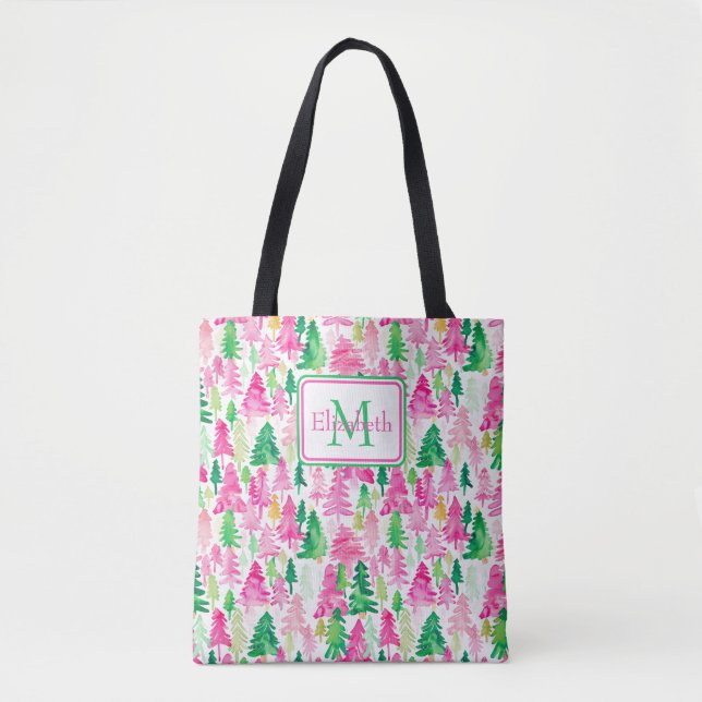 Bolsa Tote Monograma de Árvores de Natal Verdes e Pink (Frente)