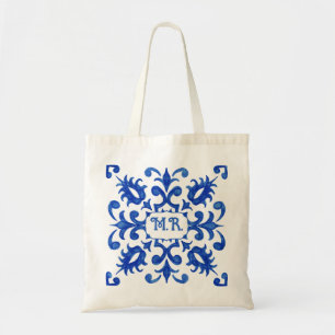 Bolsa Tote Monograma de Azulejo Azul Português Mediterrâneo