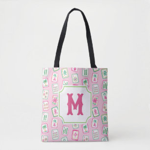 Bolsa Tote Monograma de Azulejos de Mahjong Pink & Green Palm