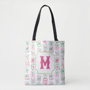 Bolsa Tote Monograma de Azulejos de Mahjong Pink & Green Palm