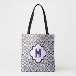 Bolsa Tote Monograma de Azulejos Ornamentais Botânicos