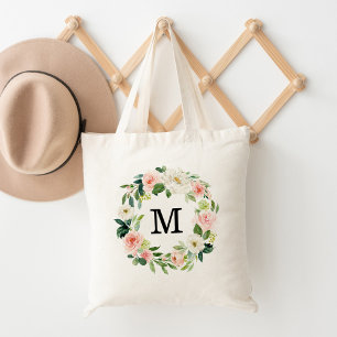 Bolsa Tote Monograma de Blush Elegante e Floral Branco