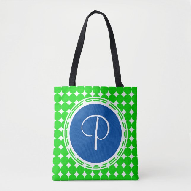 Bolsa Tote Monograma de Bolinhas Azul e Verde (Frente)