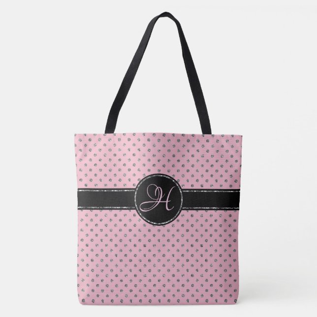 Bolsa Tote Monograma de Bolinhas brilhante de prata rosa-bran (Frente)