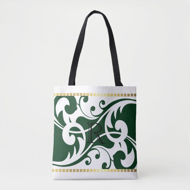 Bolsa Tote Monograma de Borda Dourada Branco e Esmeralda (Frente)
