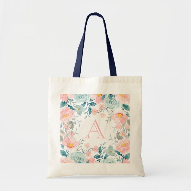 Bolsa Tote Monograma de Borda Floral Rosa e Verde (Frente)