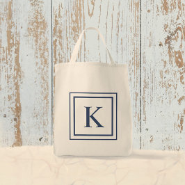 Bolsa Tote Monograma de borda quadrada azul-marinho e branco