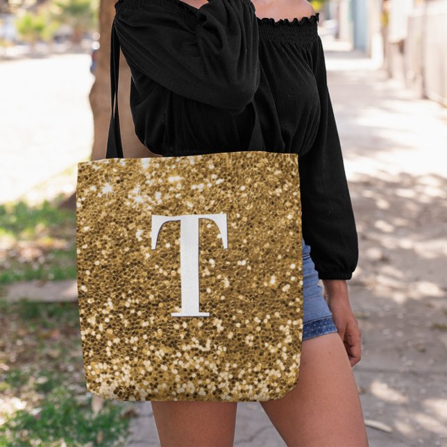 Bolsa Tote Monograma de Brilho de Cobre Dourado Faux Bokeh Sp (Copper Gold Faux Glitter Bokeh Sparkly Monogram Tote Bag)