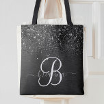 Bolsa Tote Monograma de brilho preto personalizado<br><div class="desc">Personalize facilmente esta moda elegante de madeira design com brilho bonito preto e cintilante sobre um fundo metálico escovado preto.</div>