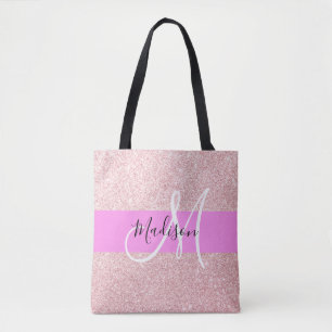 Bolsa Tote Monograma de Brilho Rosa Rosa Rosa Dourado Brilhan