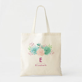 Bolsa Tote Monograma de Buquê Floral Rosa Pastel e Verde