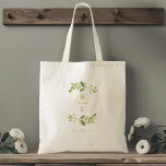 Bolsa Tote Monograma de Casamento Dourado e Verde<br><div class="desc">Saco de tota de casamento personalizado com elegante jato verde de cor d'água com monograma personalizado e data.</div>