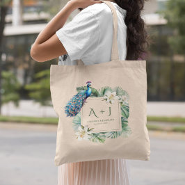 Bolsa Tote Monograma de Casamento Floral de Peacock Tropical