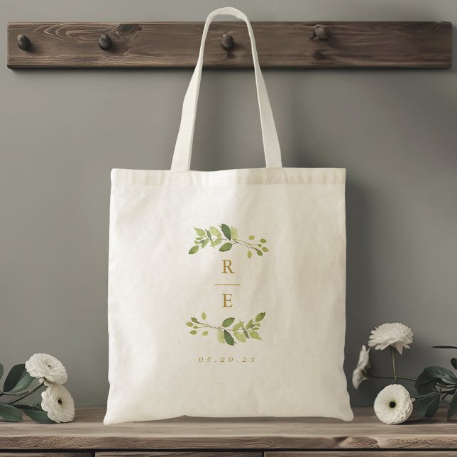 Bolsa Tote Monograma de Casamento Verde e Dourado (Criador carregado)