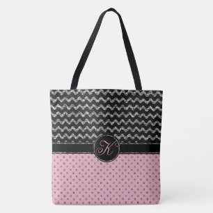 Bolsa Tote Monograma de Chevron do brilho do preto da prata