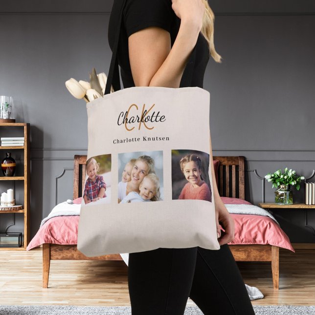 Bolsa Tote Monograma de colagem de fotos Beige (Criador carregado)