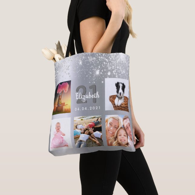 Bolsa Tote Monograma de colagem de fotos relâmpagos de prata  (Close Up)