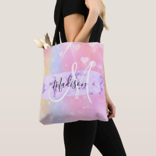 Bolsa Tote Monograma de Corações do Unicórnio Colorido Girly 