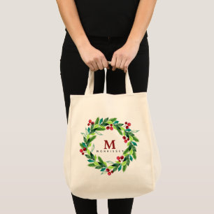 Bolsa Tote Monograma de Coroa de Azevinho e Frutas em Aquarel