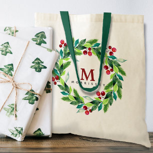 Bolsa Tote Monograma de Coroa de Azevinho e Frutas em Aquarel