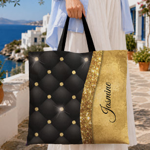 Bolsa Tote Monograma de diamante preto com brilho dourado fal