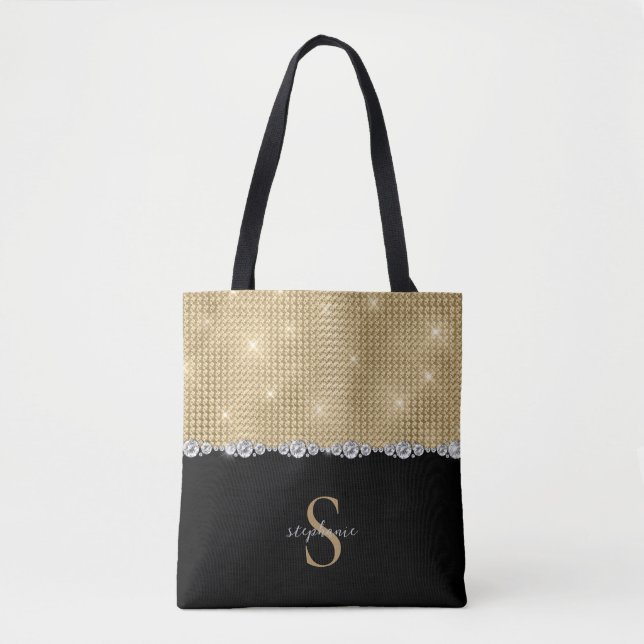 Bolsa Tote Monograma de Diamantes Dourado Preto Luxo Sofistic (Frente)