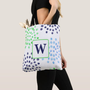 Bolsa Tote Monograma de Flor Azul Verde Marinho de Aquarela