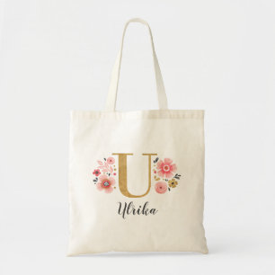 Bolsa Tote Monograma de Flor de Ouro Rosa Letra "U"
