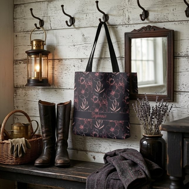 Bolsa Tote Monograma de Flores e Folhas Elegantes com Brilho  (Criador carregado)