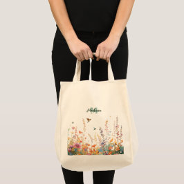 Bolsa Tote Monograma de Flores Silvestres Aquarela Nome Perso